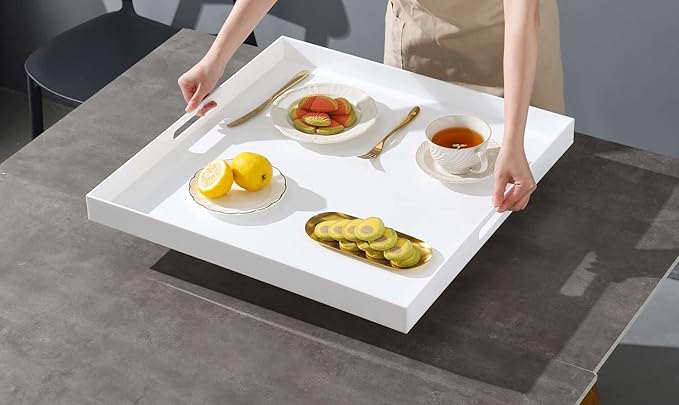 Glossy White Sturdy Acrylic Serving Tray with Handles-24x24Inch-Serving Coffee,Appetizer,Breakfast,Butler-Kitchen Countertop Tray-Makeup Drawer Organizer-Vanity Table,Ottoman Tray-Decorative