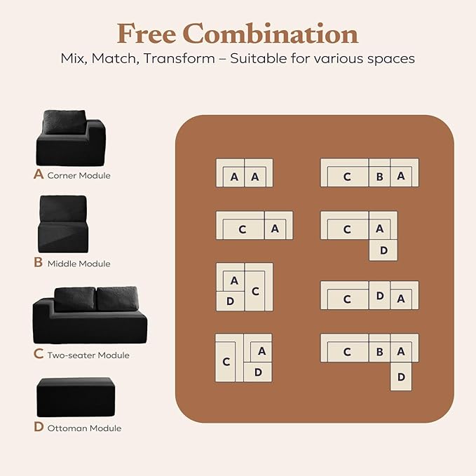 136" Modular Sectional Couch Left/Right Facing Convertible, L-Shape Modern Teddy Sofa, Deep Seat Upholstered Foam Couch for Living Room Bedroom, No Assembly Required (Black, Teddy Boucle)