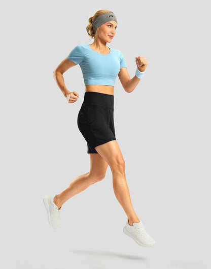 Women's Athletic Shorts with Zipper Pocket 7" High Waisted Stretchy Bermuda Shorts for Women Workout Running Casual
