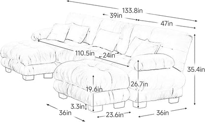 133.8" Oversized Couch, 3 Seater Modular Sectional Sofa, Green Large U Shaped Sectional Couches for Living Room, Fluffy Chenille Fabric Cloud Couch with 2 Ottomans, Deep Seat Sofas