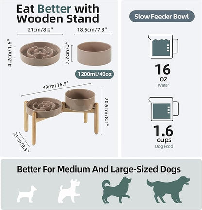 Ceramic Raised Slow Feeder Dog Bowl Set, Elevated 7.3inch Bowl and 8.2inch
