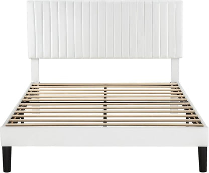 Allewie Full Bed Frame, Velvet Upholstered Platform Bed with Adjustable Vertical Channel Tufted Headboard, Mattress Foundation with Strong Wooden Slats, Box Spring Optional, Easy Assembly, Off-White