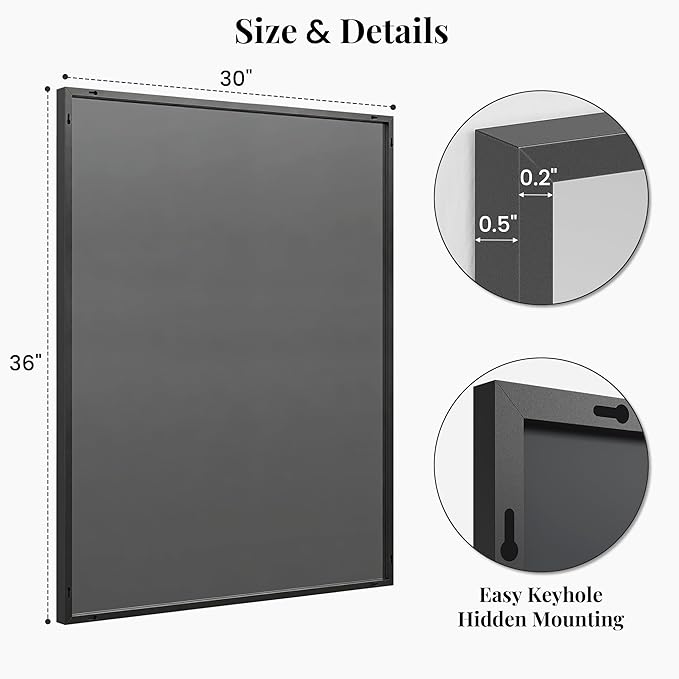 30"x36" Black Bathroom Mirror, Matte Metal Framed Vanity Mirror