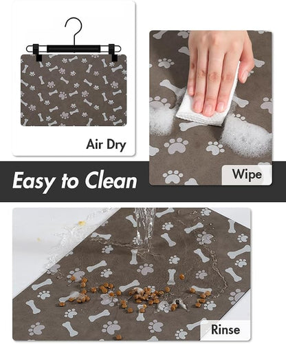 MontVoo Dog Food Mat-Pet Feeding Mat for Food and Water-No Stains Quick Dry Dispenser Cat Bowl Mat for Messy Drinkers(17"x34" Brown)