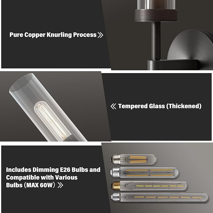 14" Bathroom Vanity Wall Sconces,Matt Black Wall Sconces Set of Two,Glass Tube Sconces Wall Lighting Indoors,Wall Lights for Mirror, Living Room, Bedroom, Hallway