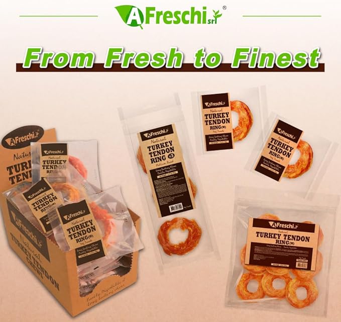 AFreschi Turkey Tendons for Dogs, USA-Sourced, Healthy Dog Treats, Rawhide-Free Puppy Chews, Long Lasting, All Natural, Hypoallergenic Dog Treats for Medium Breeds, 3 Count Pack Ring (M)