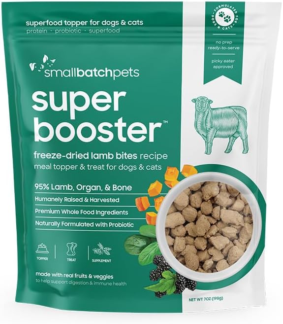 smallbatch Freeze Dried Dog Treats, Superfood Food Topper Lamb Bites for Dogs & Cats, Probiotics, Organic Ingredients, High Protein, Grain Free Healthy Treat or Food Topper, Made in The USA, 7 oz Bag