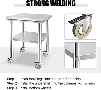 Stainless Steel Table - Metal Table Cart - Commercial Workbench with Caster Wheel - NSF Certified - for Restaurant, Warehouse, Home, Kitchen, Garage,24''x24''