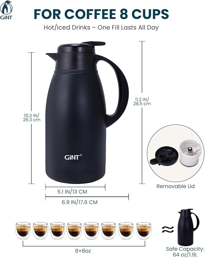 GiNT Stainless Steel Thermal Coffee Carafe, Double Walled Vacuum Water and