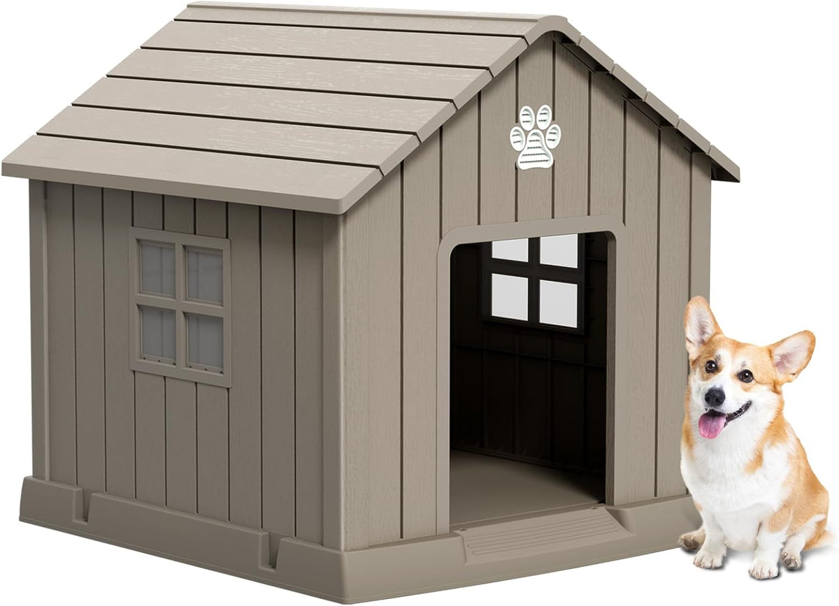 Dog House Indoor Outdoor for Small to Large Sized Dogs Resin Outdoor Dog House with Ventilation Puppy Shelter with Elevated Floor, Easy to Assemble, Blue