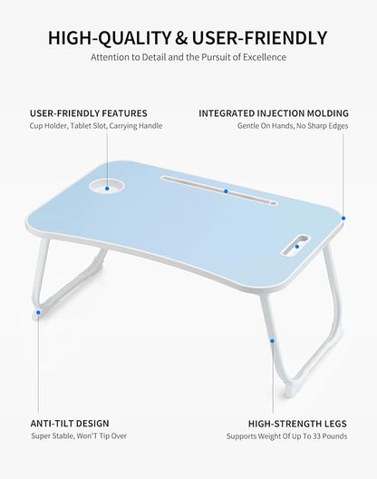 ZEAPTAC Laptop Bed Desk, Foldable Lap Desk, Portable Lap Table, Laptop Stand with Cup Holder & Tablet Slot & Lifting Handle for Working Writing Drawing & Eating - Blue