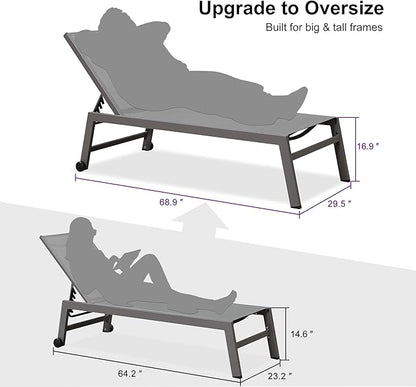 PURPLE LEAF Outdoor Chaise Lounge Set for 2 Oversized Pool Lounge Chairs with Easy-to-Move Wheels and Adjustable Backrest Extra Large Patio Loungers for Poolside Deck Beach Table Included, Light Grey