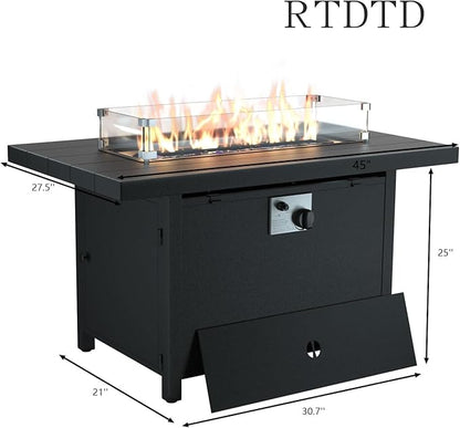 RTDTD Aluminum Outdoor Patio Furniture Set,5 Pieces 7 Seats Patio Conversation Sets with 45" Propane Fire Pit Table,Metal Patio Sectional Furniture Set w/5.1" Cushions for Porch,Deck,Backyard,Grey