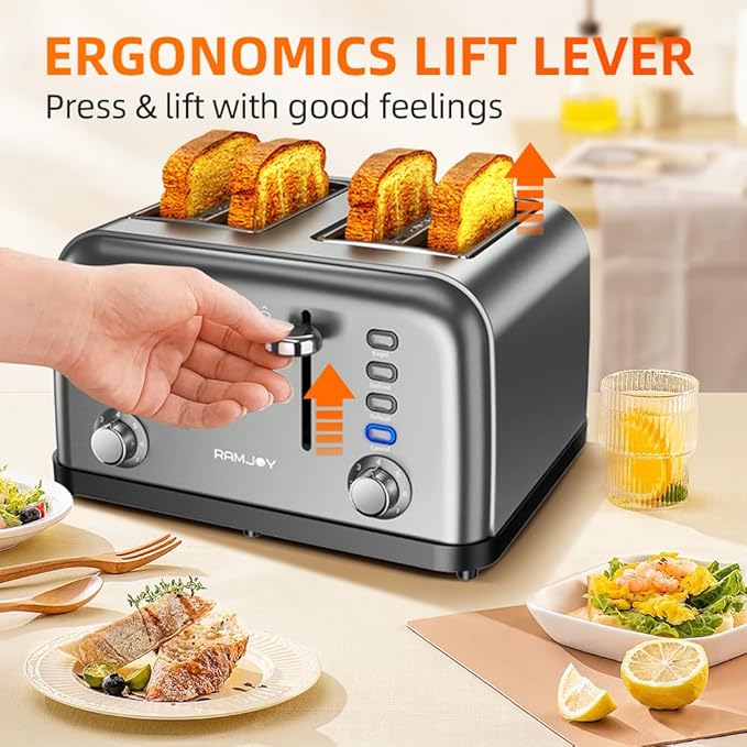 Grey Toaster 4 Slice, Dual Independent Controls, Extra Wide Slot Toasters
