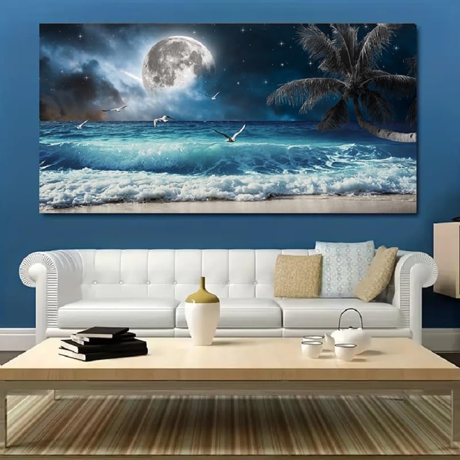 Yxbhhym Moon Ocean Decor Beach Wall Art Seascape Painting Sea Canvas Poster Prints Landscape Plam Pictures Artwork for Living Room Decor Wall Decorations large Framed Wall Art -20x40inches