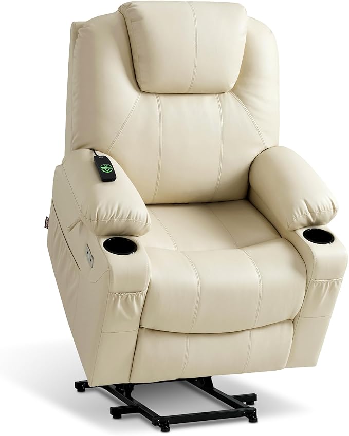 MCombo Power Lift Recliner Chair for Elderly, Lift Chair with Heat and Massage, FSC Certified, USB Ports, Cup Holders, Faux Leather 7040 (Cream White, Medium)