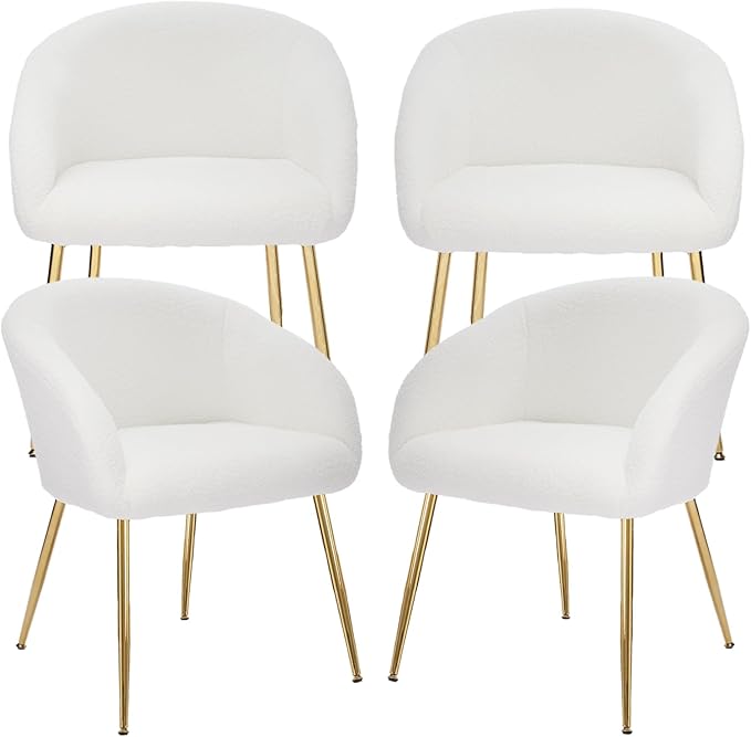 Modern Small Accent Chair Set of 4, Comfy Sherpa Makeup Vanity Chair with Golden Metal Legs, Decorative Dining Chair no Wheels for Living Room, Dressing Room, Bedroom, White