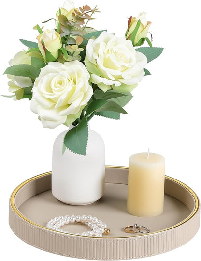 Round Decorative Tray for Coffee Table Decor, PU Leather Coffee Table Tray Golden Trim for Home Decor Living Room Dining Table, Perfume Trays Nightstand Organizer (Beige)