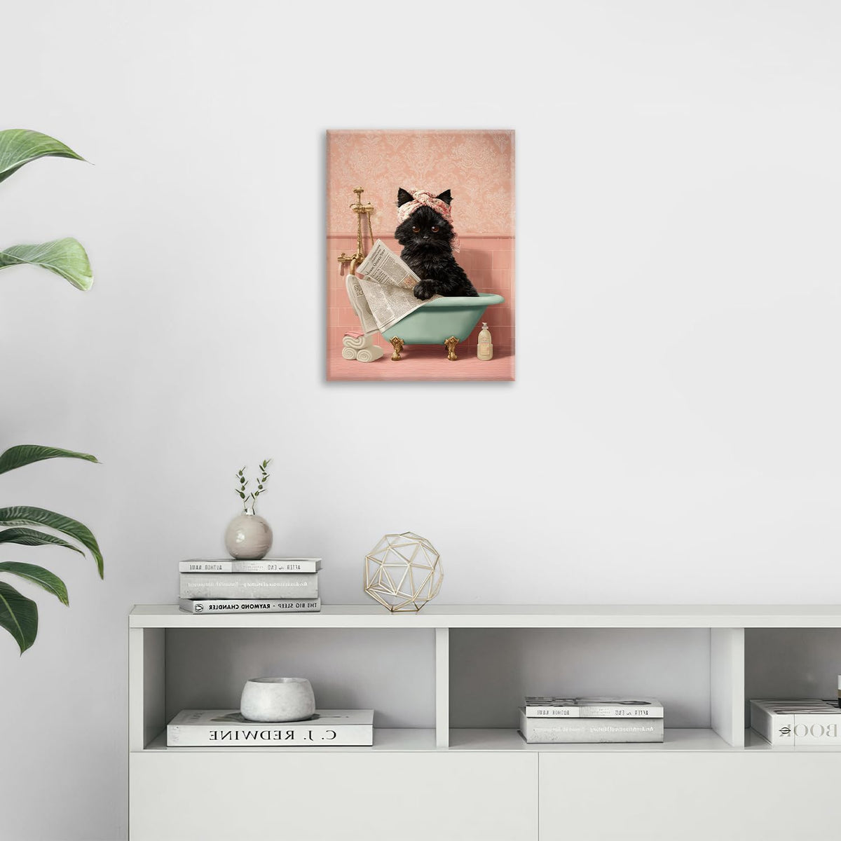 Cat Bathroom Wall Decor Black Cat Reading Newspaper in Bathtub Canvas Wall Art Funny Bathroom Pictures Kitten Painting Print Pink Artwork Framed Decorations Gifts 16"x20"