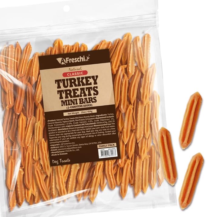 AFreschi Natural Turkey Treats Mini Bars – 16 oz, USA-Sourced Trukey, All-Natural, Hypoallergenic, Low-Fat, Healthy & Easily Digestible, Puppy & Training Snack