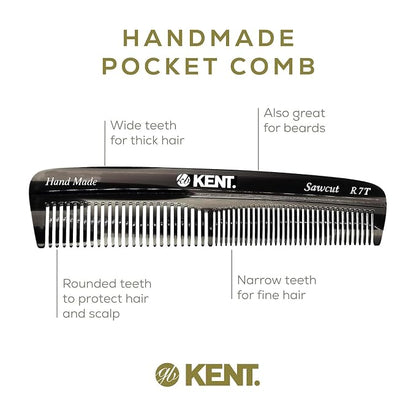 Kent R7T Black Graphite Double Tooth Hair Pocket Comb, Small Fine/Wide Tooth Comb For Grooming Styling Hair, Beard and Mustache, for Men, Women and Kids. Saw Cut and Hand Polished. Handmade in England