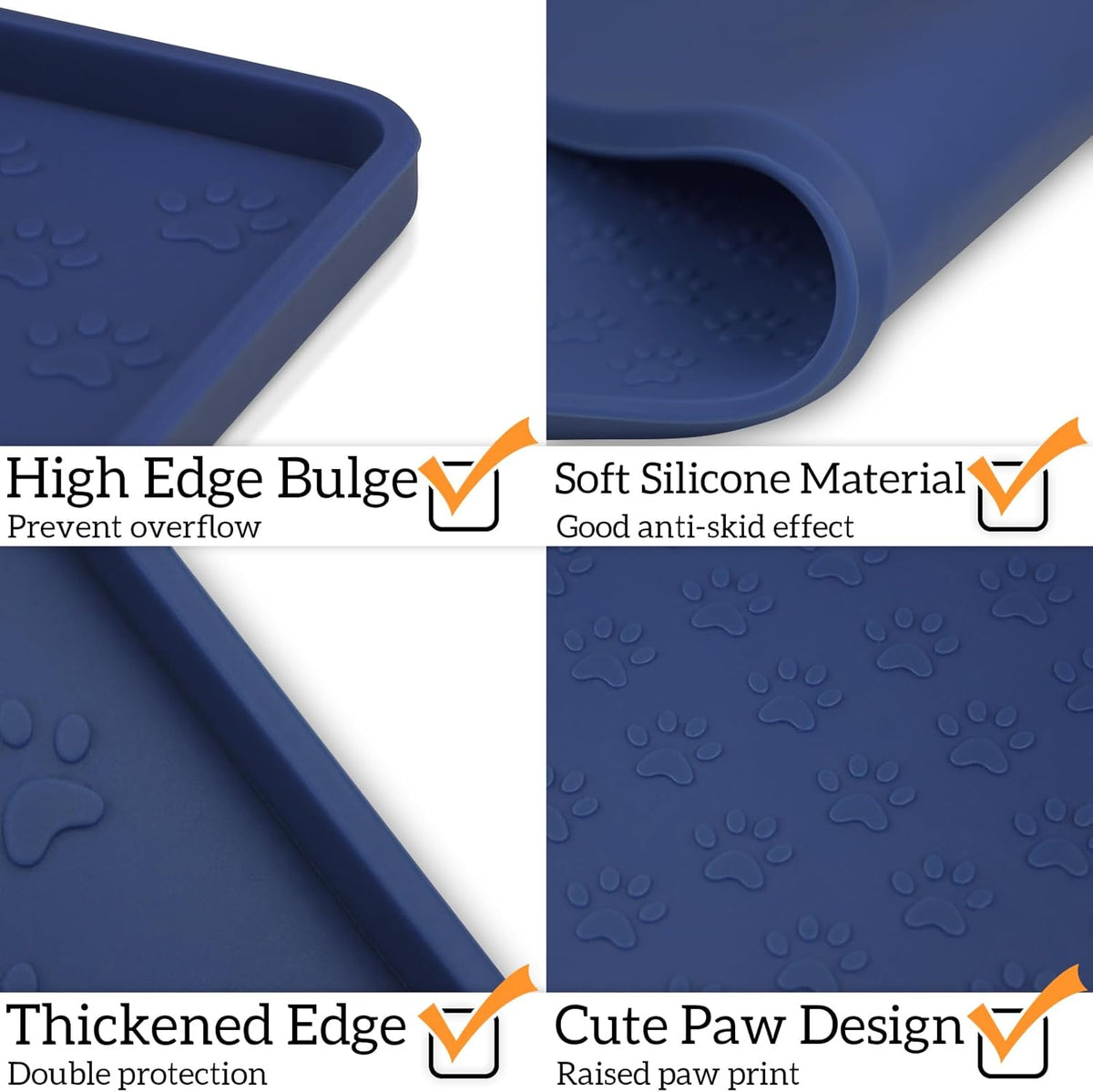 Ptlom Silicone Pet Placemat for Dog and Cat, Waterproof Non-Slip Pet Feeding Bowl Mats for Food and Water, Small Medium Large Tray Mat Prevent Residues from Spilling to Floor, Navy Blue, 18" 12"