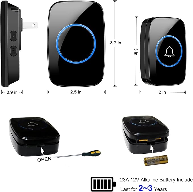 Wireless Doorbell, Waterproof Door Bell Kit, Distinguish front and rear doors