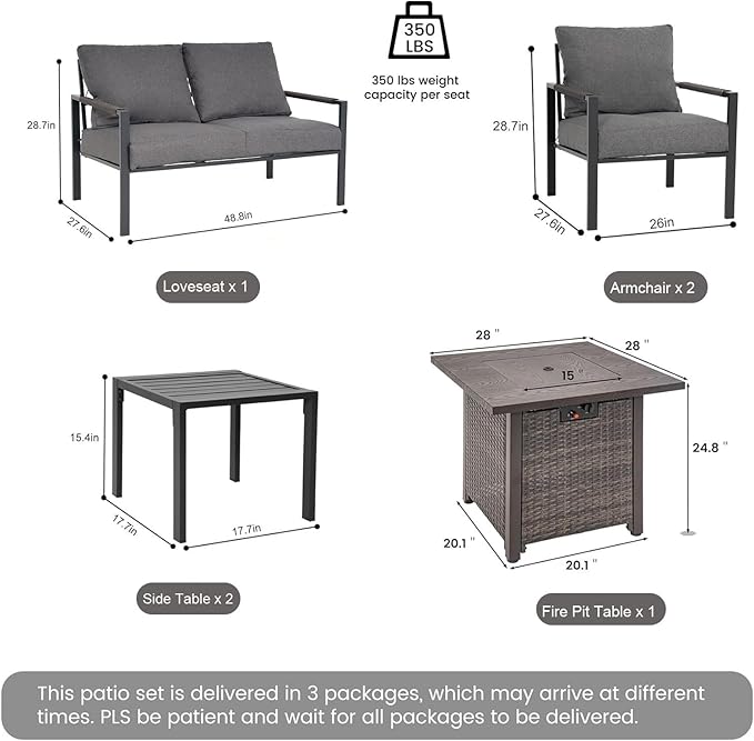 Metal Patio Furniture Set w/Fire Pit Table, 6-Piece Modern Outdoor Conversation Set with 5-Inch Thick Cushions, Outdoor Furniture Set for Garden, Backyard, Balcony, Poolside (Dark Grey)