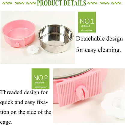 kathson Crate Dog Bowl, Removable Stainless Steel Hanging Pet Cage Bowl Food & Water Feeder Coop Cup for Cat, Puppy, Birds, Rats, Guinea Pigs 2pcs(Blue,Pink)