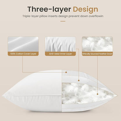 BHZ Throw Pillows 18x18 Euro Pillow Inserts Set of 2, Down Feather Alternative Pillow Inserts, Decorative Soft Large Square White Throw Pillows Insert for Couch Bed Dorm Sofa with Cotton Cover