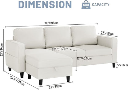 Sectional Sofas Couches for Living Room Convertible 3 Seater L Shaped Couch with Removable Storage Ottoman 78" Modern Linen Beige Sofa for Apartments Studios Dorms Small Spaces