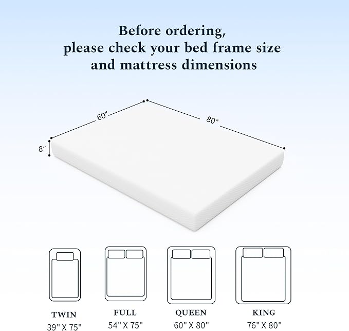 Queen Mattress, 8 Inch Memory Foam Mattress in a Box, Fiberglass Free Queen Size Mattresses for Pressure & Pain Relief, Soft and Comfortable