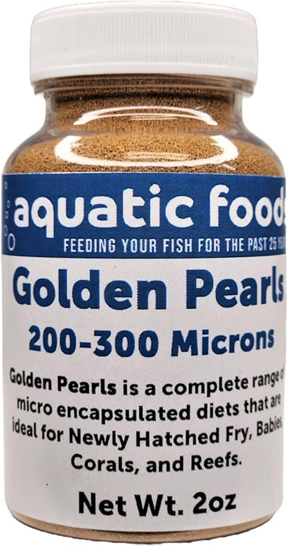 Aquatic Foods Inc. Golden Pearls 200-300 Micron Size for Fry, Babies of Shrimp, Axolotls, Discus, Cichlids, Catfish, Tetras, Angel Fish, Guppies, Bettas, Goldfish, Corals, Reefs…2oz Bottle
