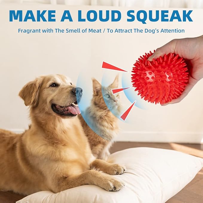 4.5” Heavy Duty Squeaky Dog Balls Toys for Medium Large Dogs 4 Pack Indestructible Dog Toys for Aggressive Chewers Spike Dog Balls for Clean Teeth and Training Dog Toys for Boredom and Stimulating