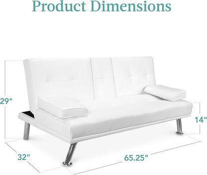 Best Choice Products Faux Leather Upholstered Modern Convertible Futon, Adjustable Folding Sofa Bed, Guest Bed w/Removable Armrests - White