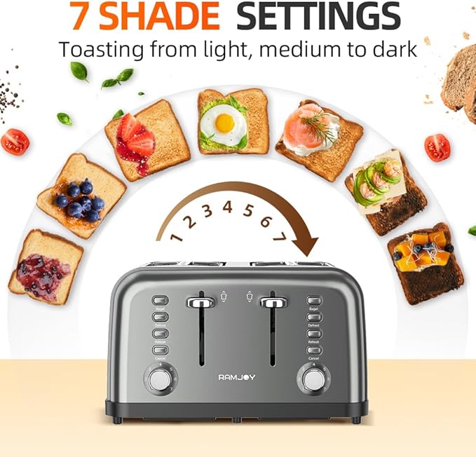Grey Toaster 4 Slice, Dual Independent Controls, Extra Wide Slot Toasters