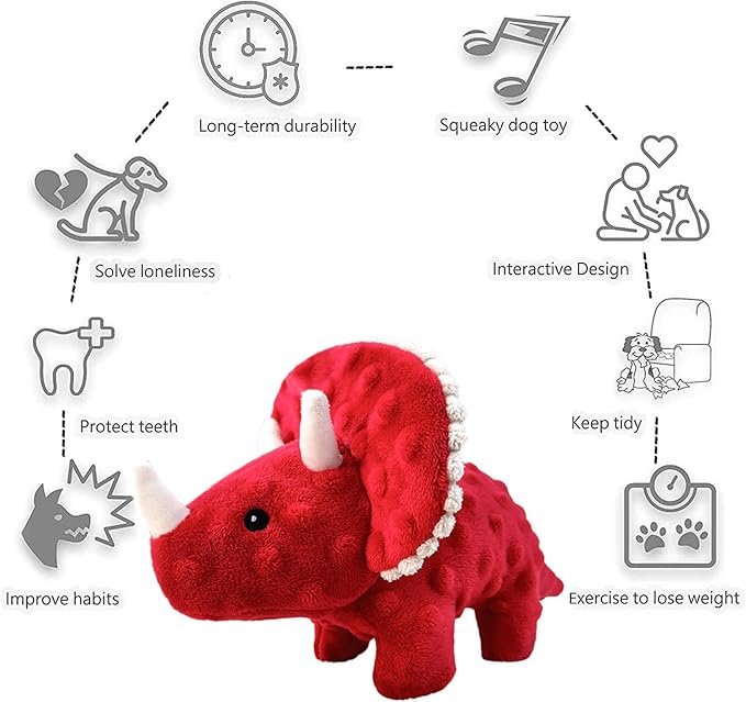 Squeaky Dog Toys Plush Dog Toy with Crinkle Paper Stuffed Durable Dog Chew Toys for Small Middle and Large Dogs Triceratops Purple