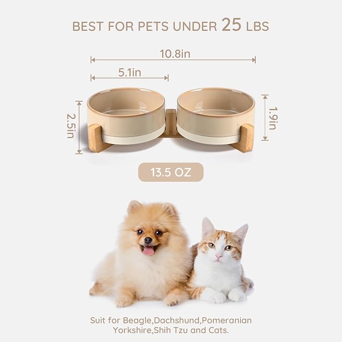 SPUNKYJUNKY Ceramic Dog and Cat Bowl Set with Wooden Stand, Modern Cute Weighted Food Water Bowl Set for Small Size Dogs (1.7 Cups, 2 × Pattern Brown)