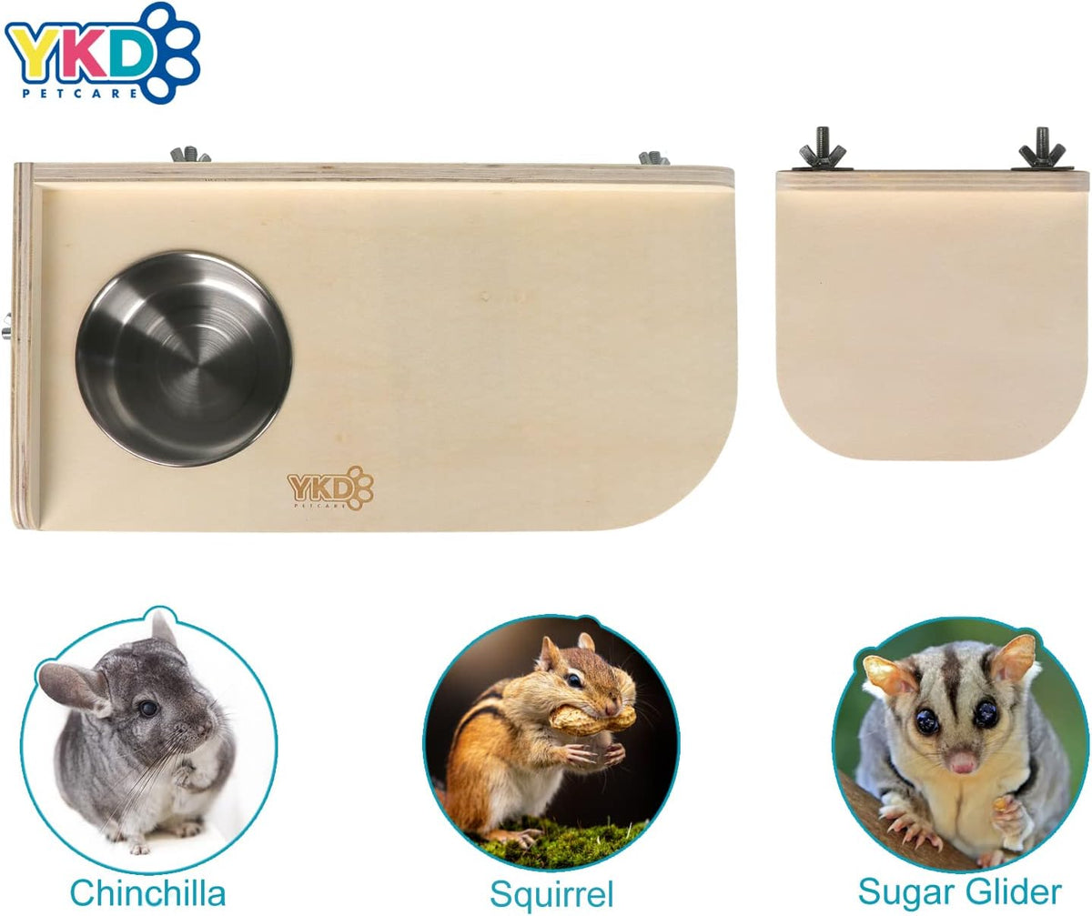 Chinchilla Wooden Platform Set, Pet Cage Platform with Feeding Bowl, Small Animals Cage Accessories for Chinchilla Squirrel Gerbil Suger Glider Hamsters (Feeding Platform + Small Platform)