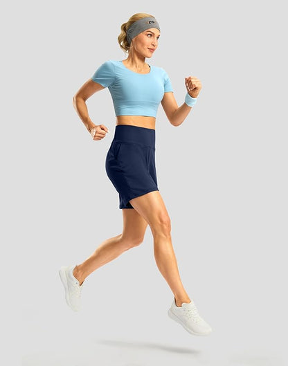 Women's Athletic Shorts with Zipper Pocket 7" High Waisted Stretchy Bermuda Shorts for Women Workout Running Casual