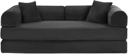 ZQRhome 79" 5-in-1 Convertible Sofa Bed, King Size Sleeper with Bonus Pillows & Heavy Duty Frame, No Assembly Corduroy Couch Bed for Movie Night & Guest Room, Black