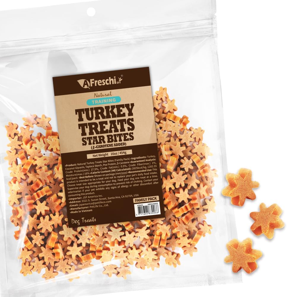 AFreschi Natural Turkey Treats Star Bites –16 oz, Hexagonal Shape, USA-Sourced Trukey, All-Natural, Hypoallergenic, Low-Fat, Healthy & Easily Digestible, Puppy & Training Snack & Small Dogs