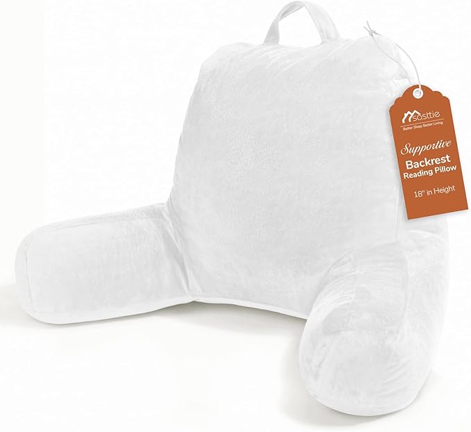 Sasttie Reading Pillow, Velvet Back Pillow for Bed Sitting Up, Adult Back-Rest Support Cushion with Arms for Sit Up on Couch, Sofa, and Floor, Dorm Essentials, Reading Accessories, White