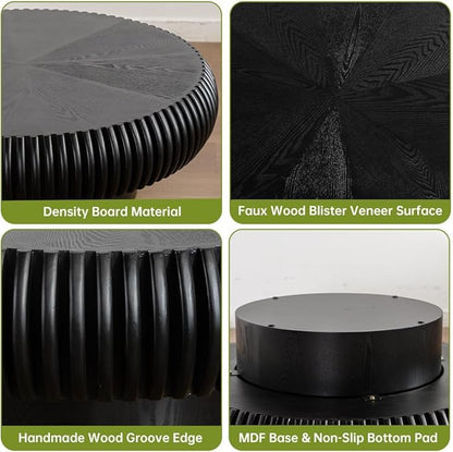 Black Round Coffee Table for Living Room Round Fluted Drum Coffee Table Modern Fluted Coffee Tables for Living Room (Black, 39.3 inch)