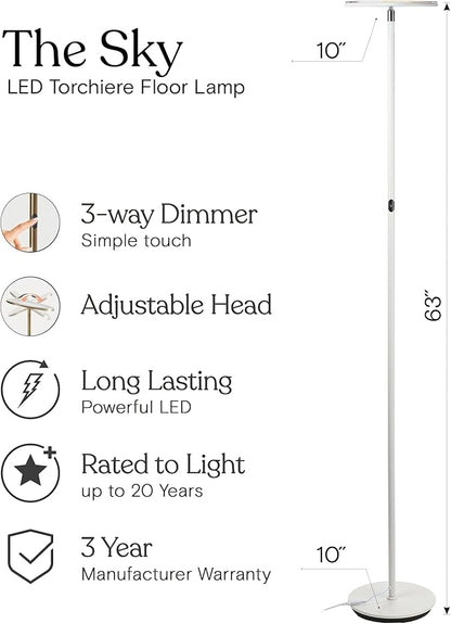 Brightech Sky LED Torchiere Super Bright Floor Lamp - Contemporary, High Lumen Light for Living Rooms and Offices - Dimmable, Indoor Pole Uplight for Bedroom Reading - White