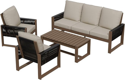 INTER HUT Rustic Hideaway Natural Cedar Wood Outdoor Furniture Set, Wicker Patio Conversation Set for Porch Garden Backyard, Couch, 2 Patio Chairs and Coffee Table, 4 Piece, Brownish/Beige