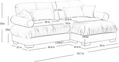 93.7” Oversized Grey Velvet Loveseat Sofa, Deep Seat 2-Seater Modular Sectional Couches for Living Room with 1 Ottoman, Cloud Home Sofas Set, Love Seat Couches