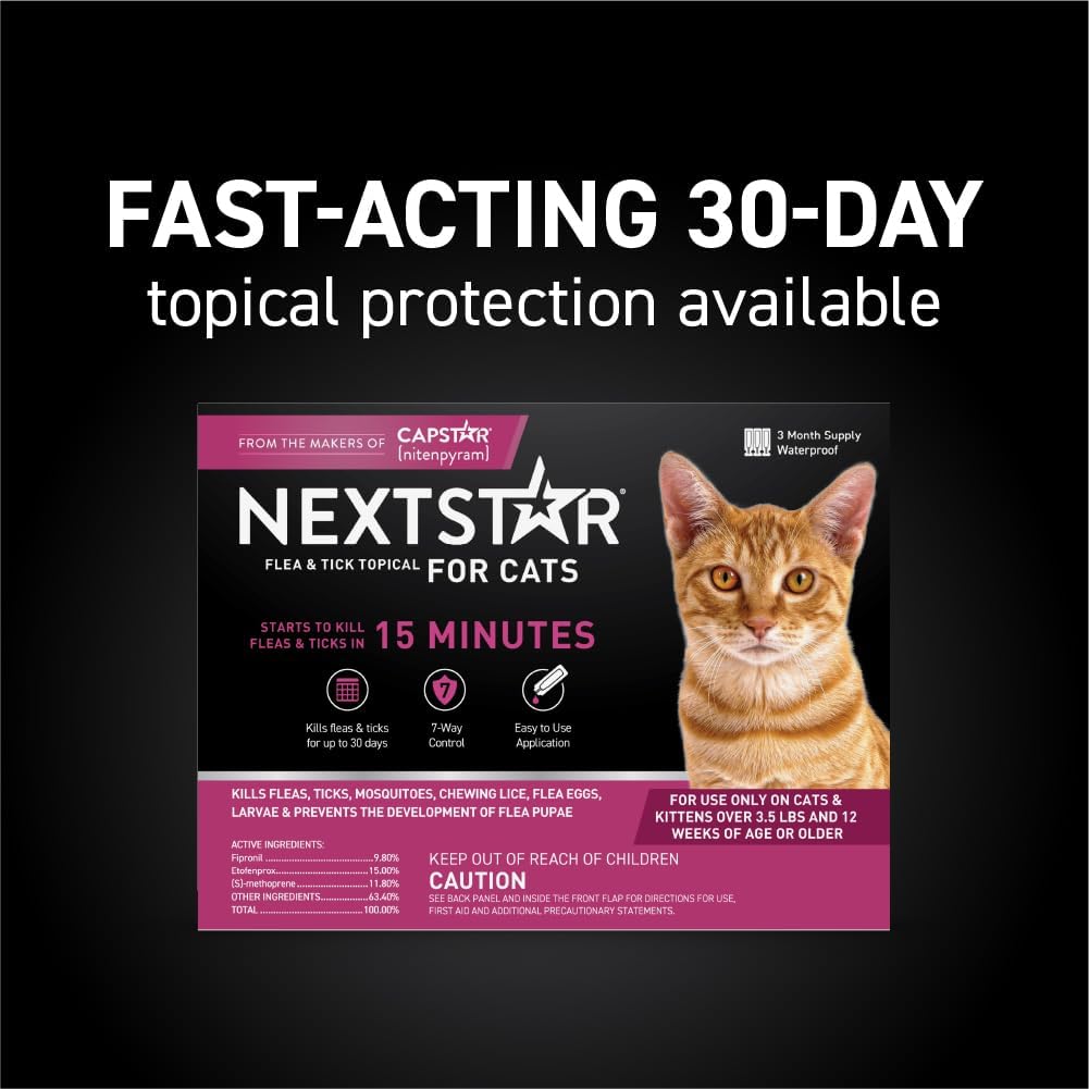 NEXTSTAR Flea and Tick Prevention for Cats, Repellent, and Control, Fast Acting Waterproof Topical Drops for Cats Over 3.5 lbs, 6 Month Dose
