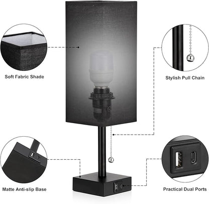 Bedside Table Lamps Set of 2 - Black Bedroom Lamps with 3 Color Temperatures (3000K/5000K/4000K), Two Square Nightstand Lamps with USB C + A Charging Ports, Pull Chain Small Night Light for End Table