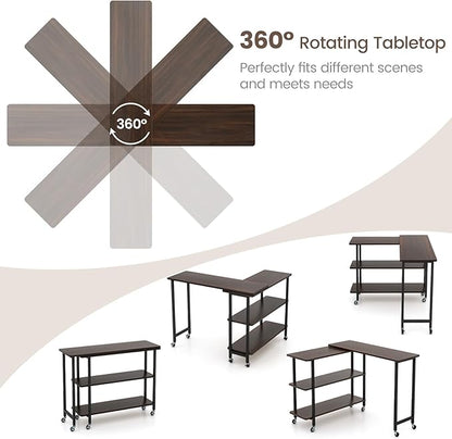 Giantex 360° Free Rotating Sofa Side Table, Mobile L-Shaped Laptop Desk with Sturdy Metal Frame, 6 Universal Casters, Movable Couch Snack Table with 2-Tier Storage Shelf for Home (Walnut)
